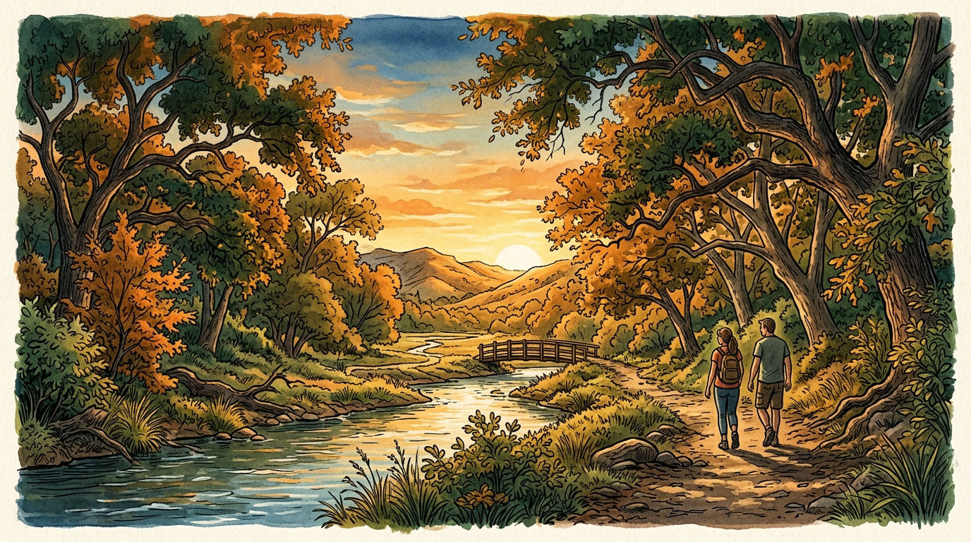 First-time visitors walking beside Big Chico Creek in Lower Bidwell Park, Chico, California.