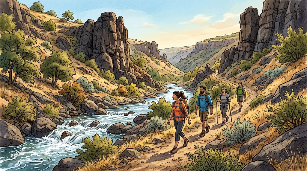 Hikers following a rocky trail beside Big Chico Creek in Upper Bidwell Park, Chico.