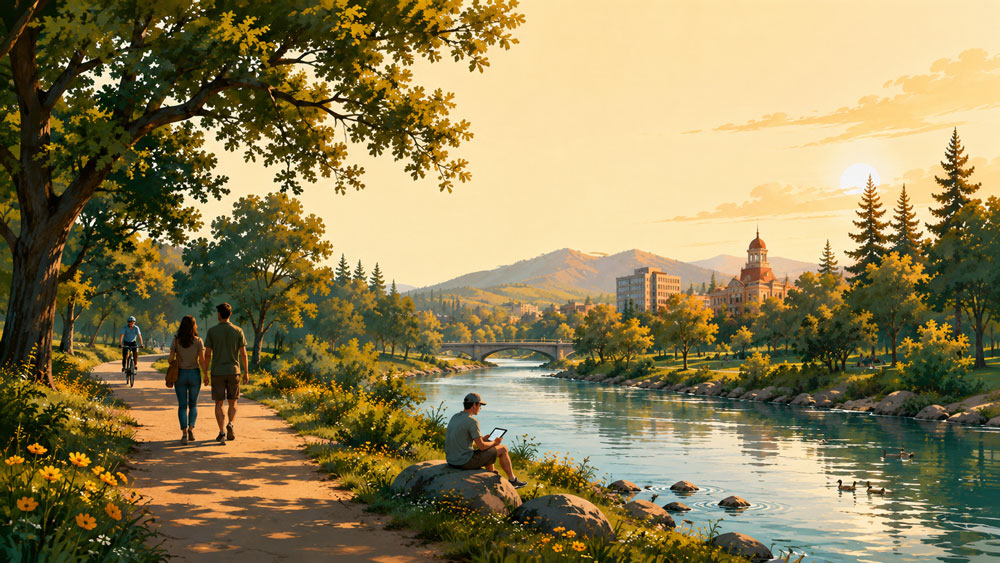 Peaceful riverside park scene at sunset with people walking and cycling along a tree-lined path, a person sitting on rocks by the water using a tablet, ducks swimming in the river, and a bridge leading to a town with a domed building nestled among trees and mountains.