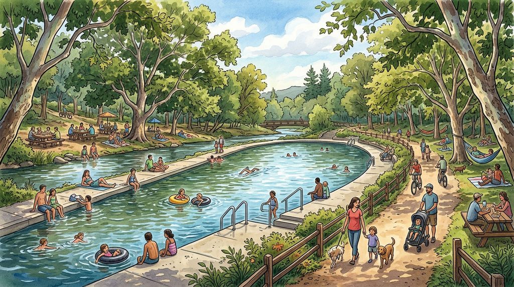 Sycamore Pool and shaded walking paths at One-Mile Recreation Area in Bidwell Park.