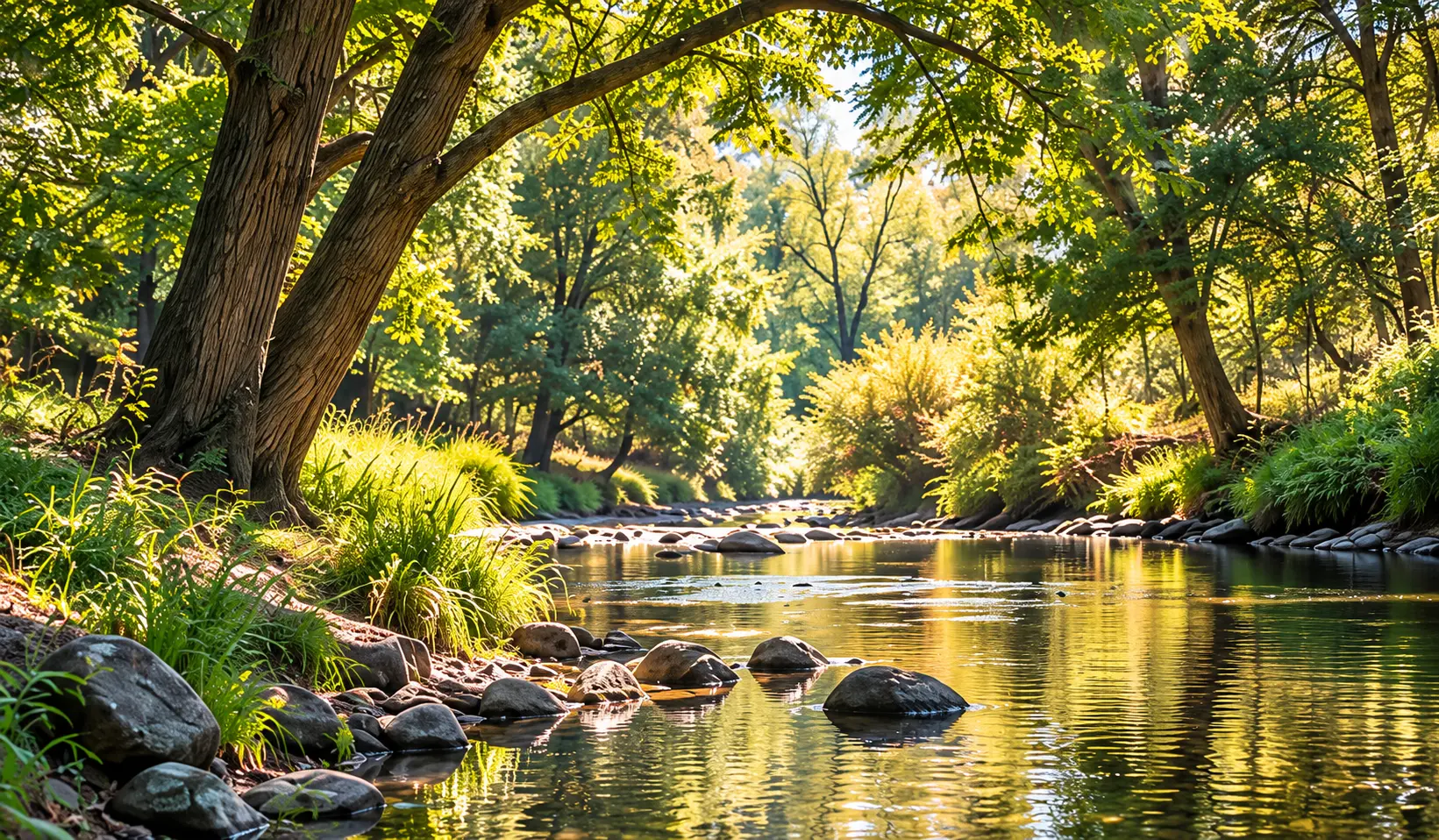 A tree-lined creek with sunlight on the water